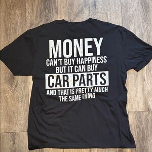 Black Graphic T-Shirt with Car Parts Quote